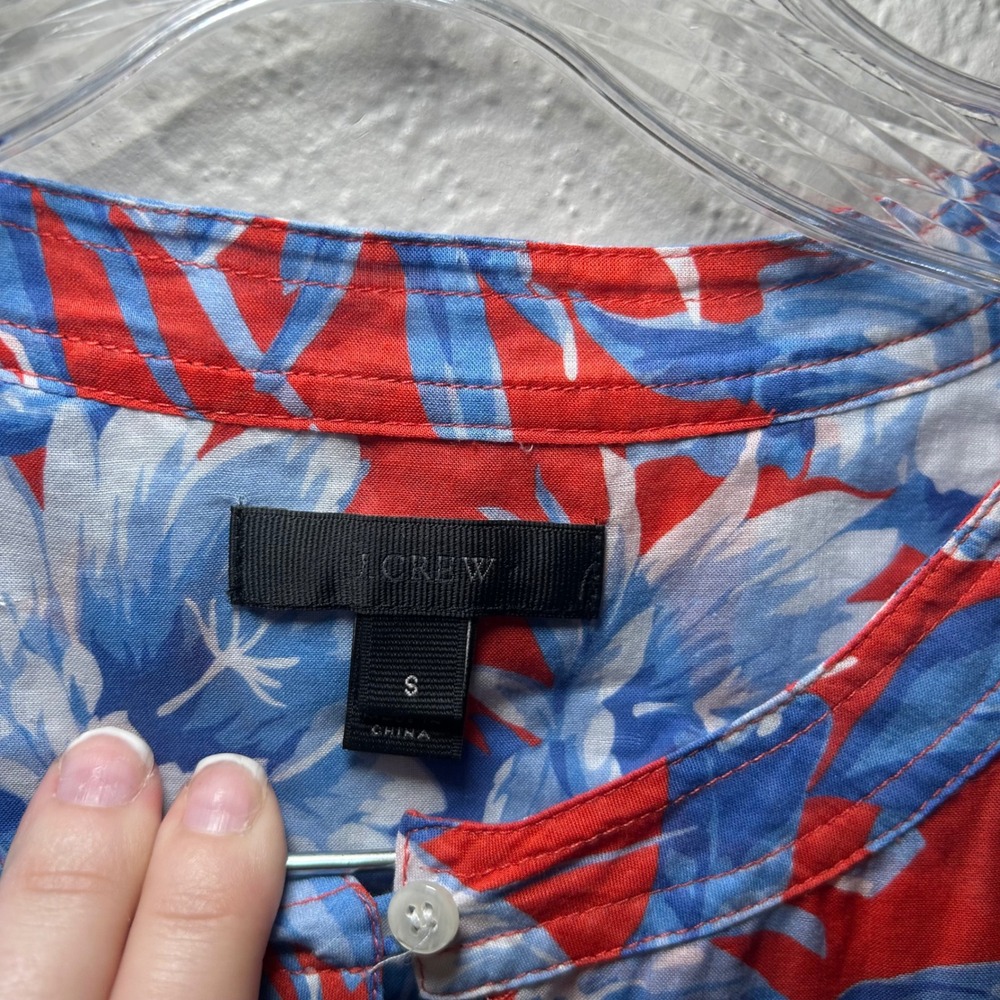 J.Crew Tropical Palm Floral Ruffle Top Red Blue Cotton Blouse Womens S Vacation - Picture 4 of 8